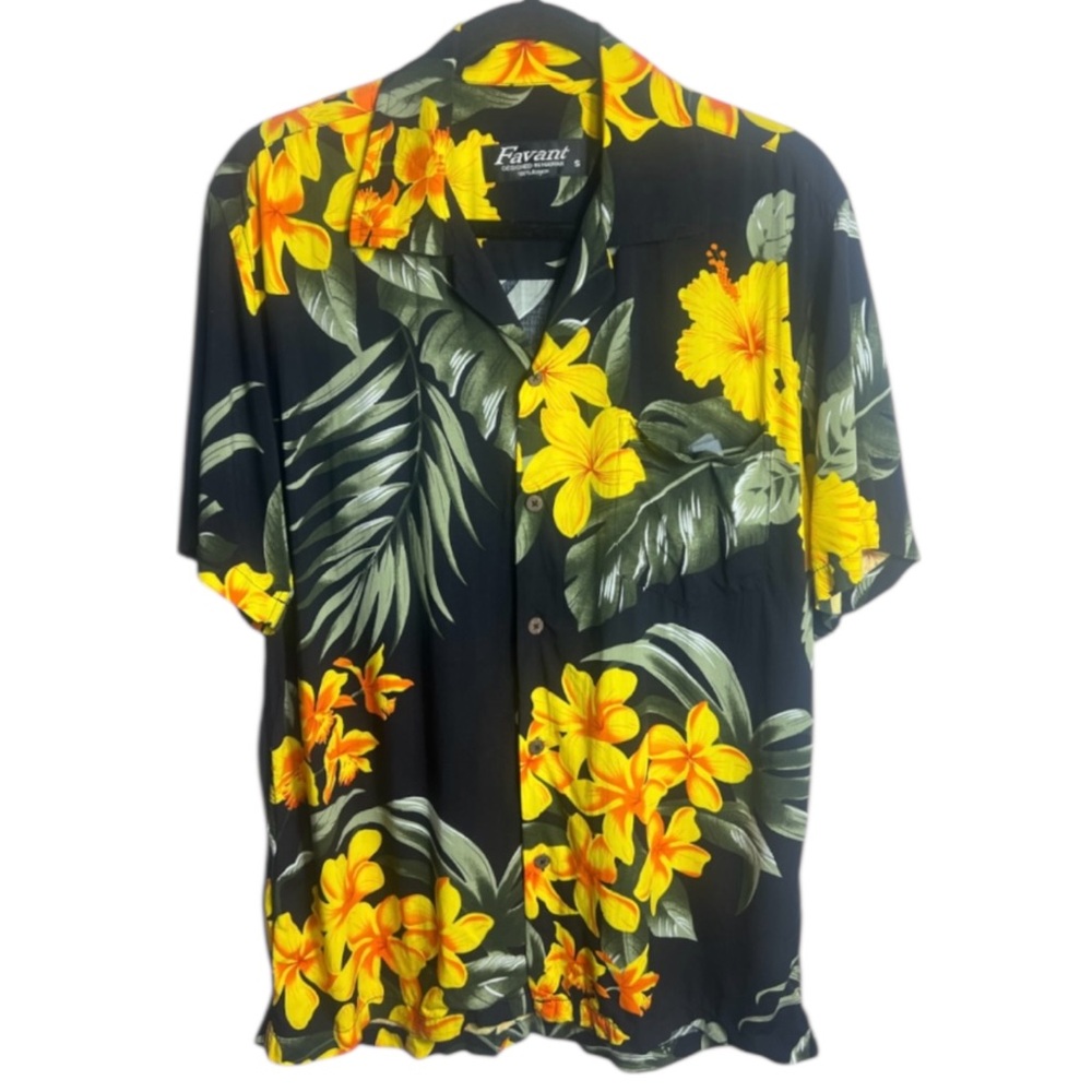 Favant Hawaii Short Sleeve Hawaiian Shirt Floral Tropical Button Blue Yellow